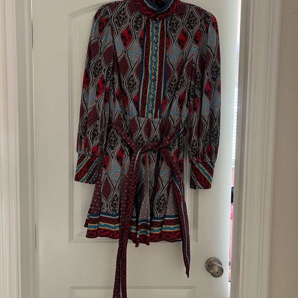 Alice + Olivia Red and Gray Pleated Tie Front Dress